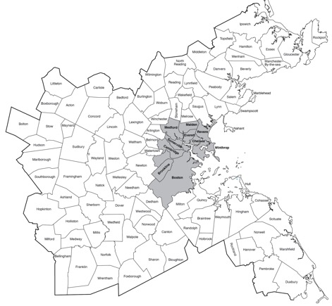 Core Area Municipalities in the Boston Region
This figure is a map of the 101 municipalities in the Boston MPO region. Ten municipalities in the core area of the region are highlighted. The highlighted municipalities are Boston, Brookline, Cambridge, Somerville, Medford, Malden, Everett, Chelsea, Revere, and Winthrop.